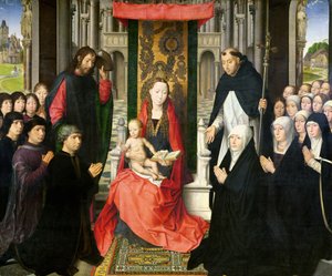 Jomfruen og barnet med St. James og St. Dominic som presenterer giverne og deres familie, kjent som Virgin of Jacques Floreins, ca. 1490